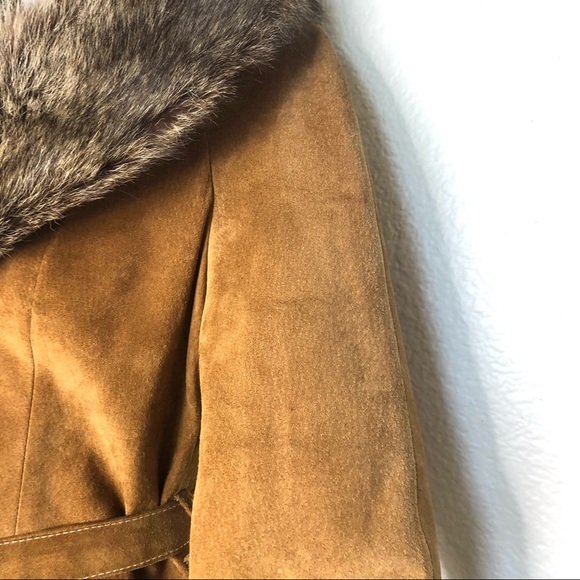 SOLD Vintage Caramel Suede & Fur Belted Coat Jacket 70s Size 40 - Picture 5 of 13